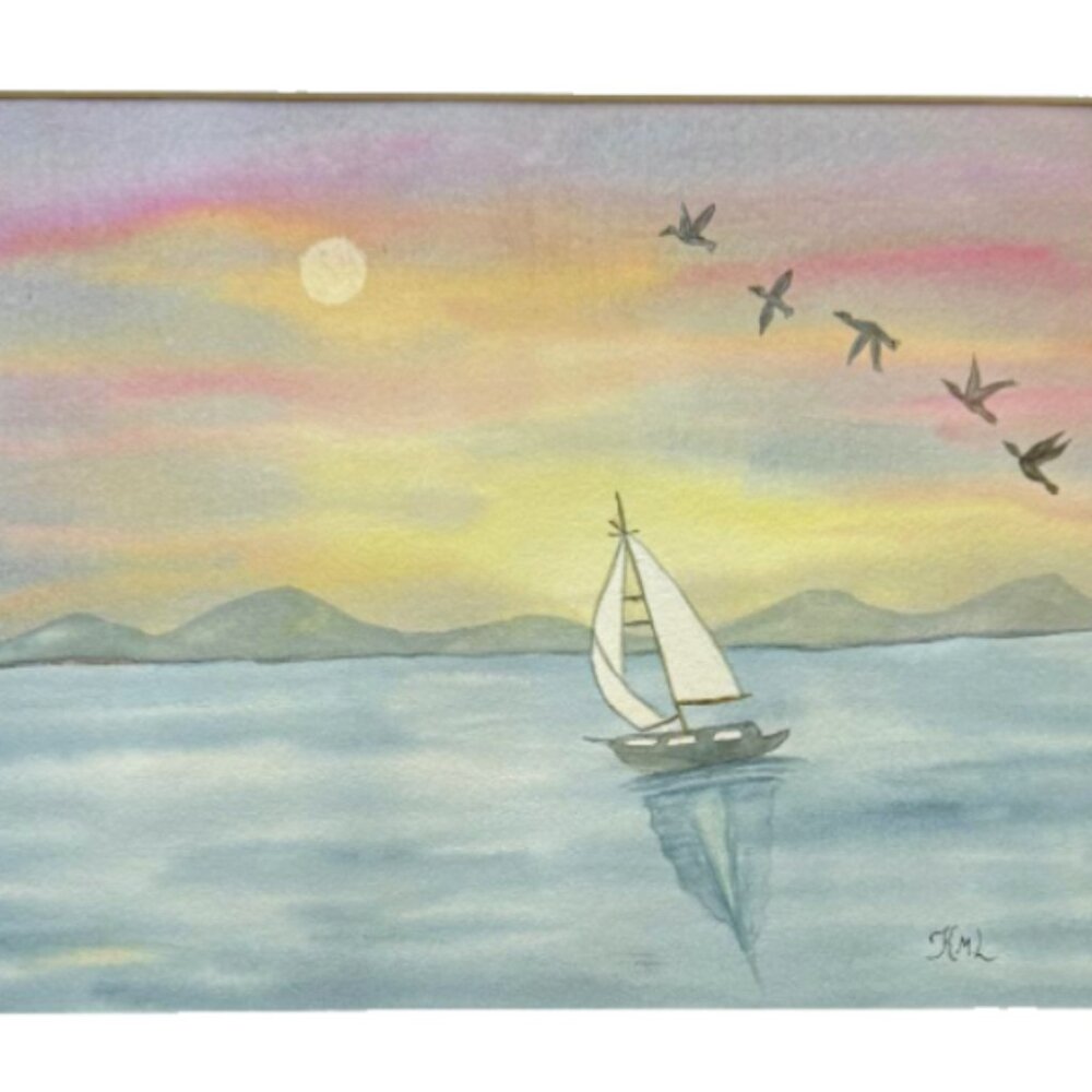 Painting Watercolor Original Sunset Sailboat Ocean Landscape 11x14 and Mat 16x20